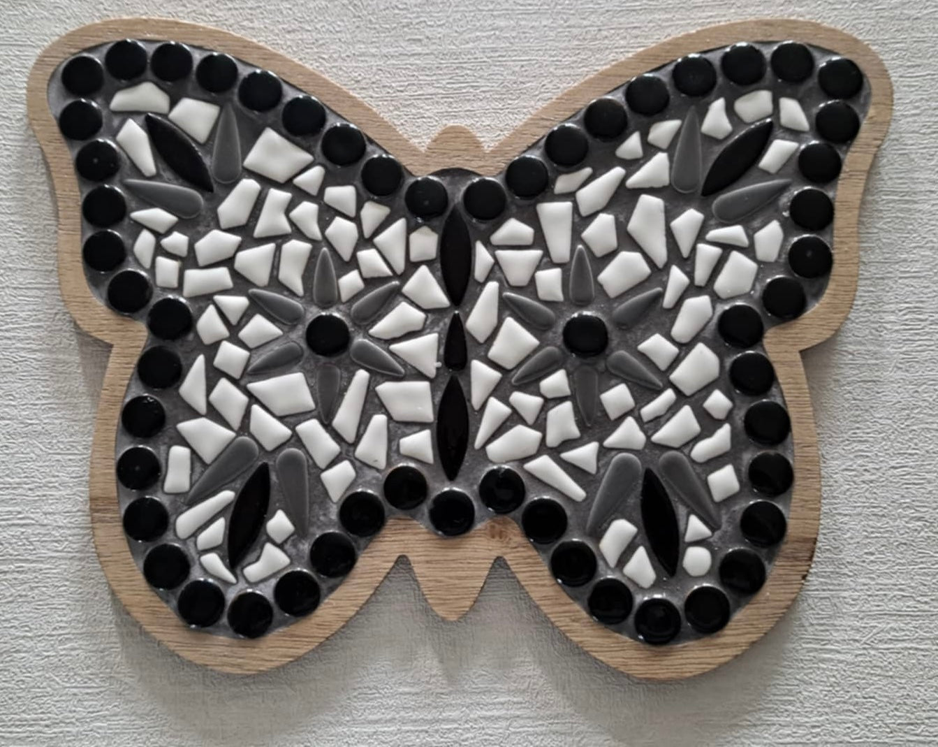 Handmade Mosaic Butterfly – Black, Grey & White Tiles